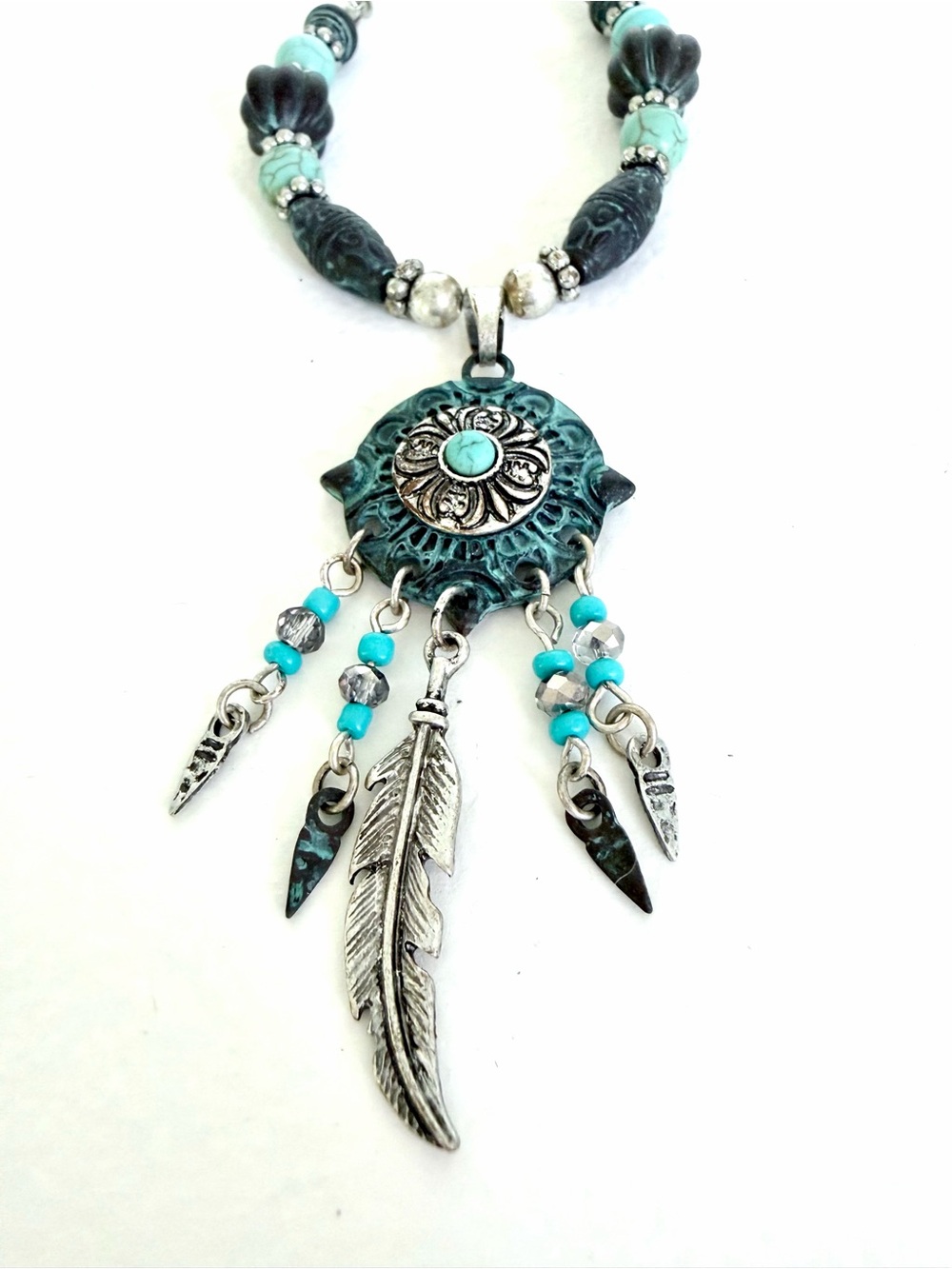 Boho-chic Necklace Turquoise Silver-tone Feather Pendant Necklace